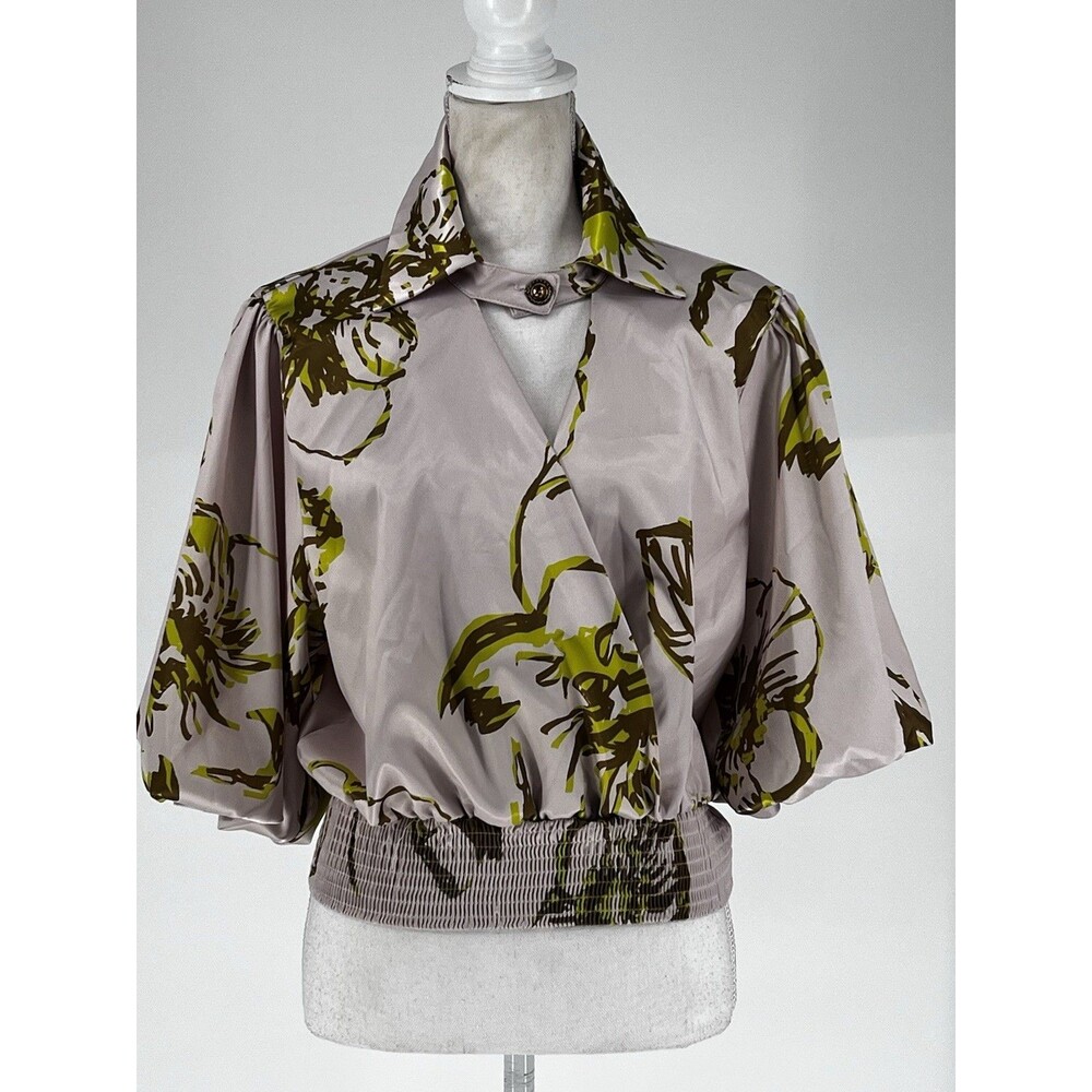 Black Rose Womens Large Satin Floral Blouse Smocked Waist Puff Sleeve Turkey